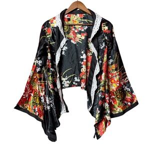 Unbrand Women Large Floral Kimono Black Satin Wide Bell Sleeve Crochet Lace Trim